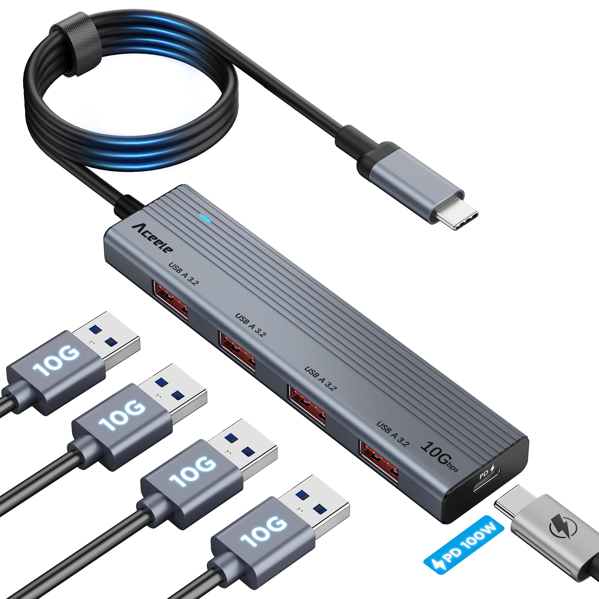 Aceele Hub USB C, 10 Gb/s, rozdzielacz USB 3.2 z ładowaniem PD 100 W, aluminiowy przedłużacz USB C z przedłużaczem 1 m do komputera, MacBooka, PS4/5, Surface Pro, Dell
