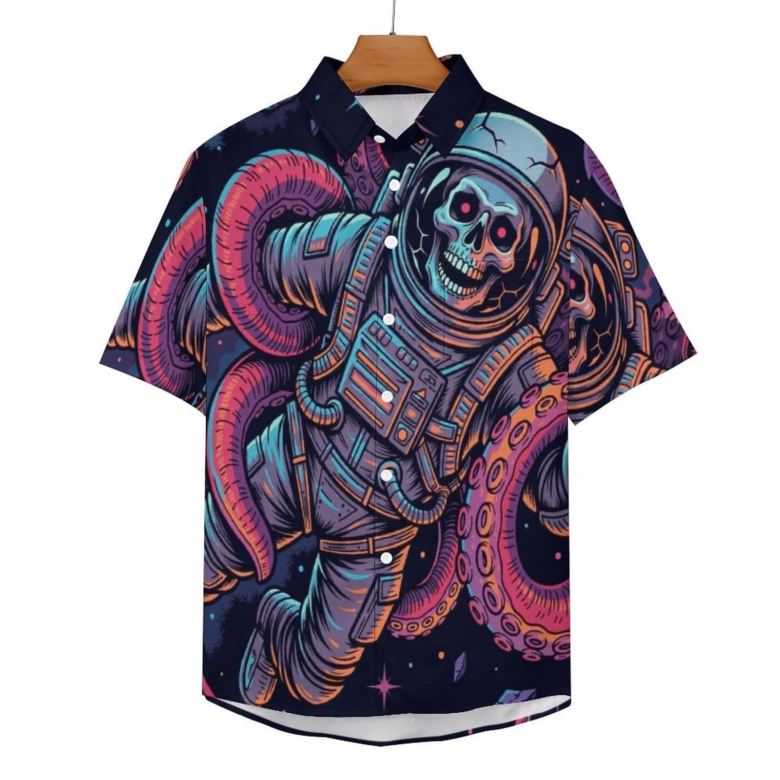 Camicia Casual da Uomo, Teschio di Astronauta Stampa Maglietta Estiva a Maniche Corte Stile Fantasy Casual Button Down Hawaiani Camicie Risvolto Spiaggia Top