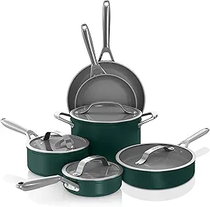 Ninja Ceramic Pro 10-Piece Cookware Set, NonStick Pots & Pans Set with Glass Lids, Nontoxic, PTFE Free, Ceramic Coated, Oven Safe, All Stovetops & Induction Compatible, British Racing Green, CW39010GN