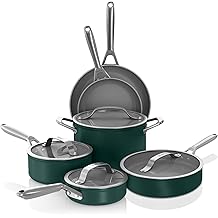 Ninja Ceramic Pro 10-Piece Cookware Set, NonStick Pots & Pans Set with Glass Lids, Nontoxic, PTFE Free, Ceramic Coated, Oven Safe, All Stovetops & Induction Compatible, British Racing Green, CW39010GN