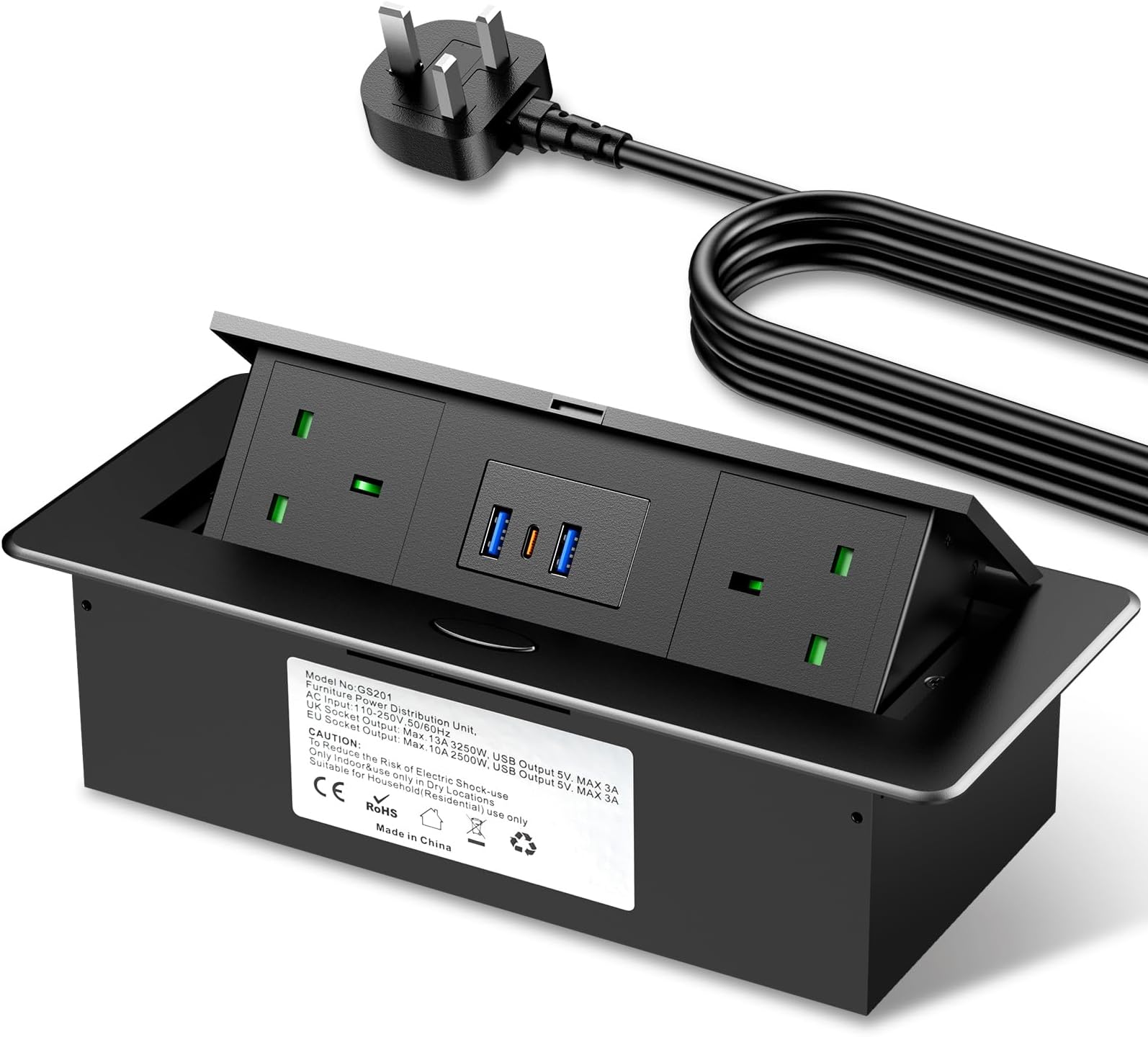 Power Strip 2 Way with USB C 20W, Desk Recessed Power Socket 2 Outlet