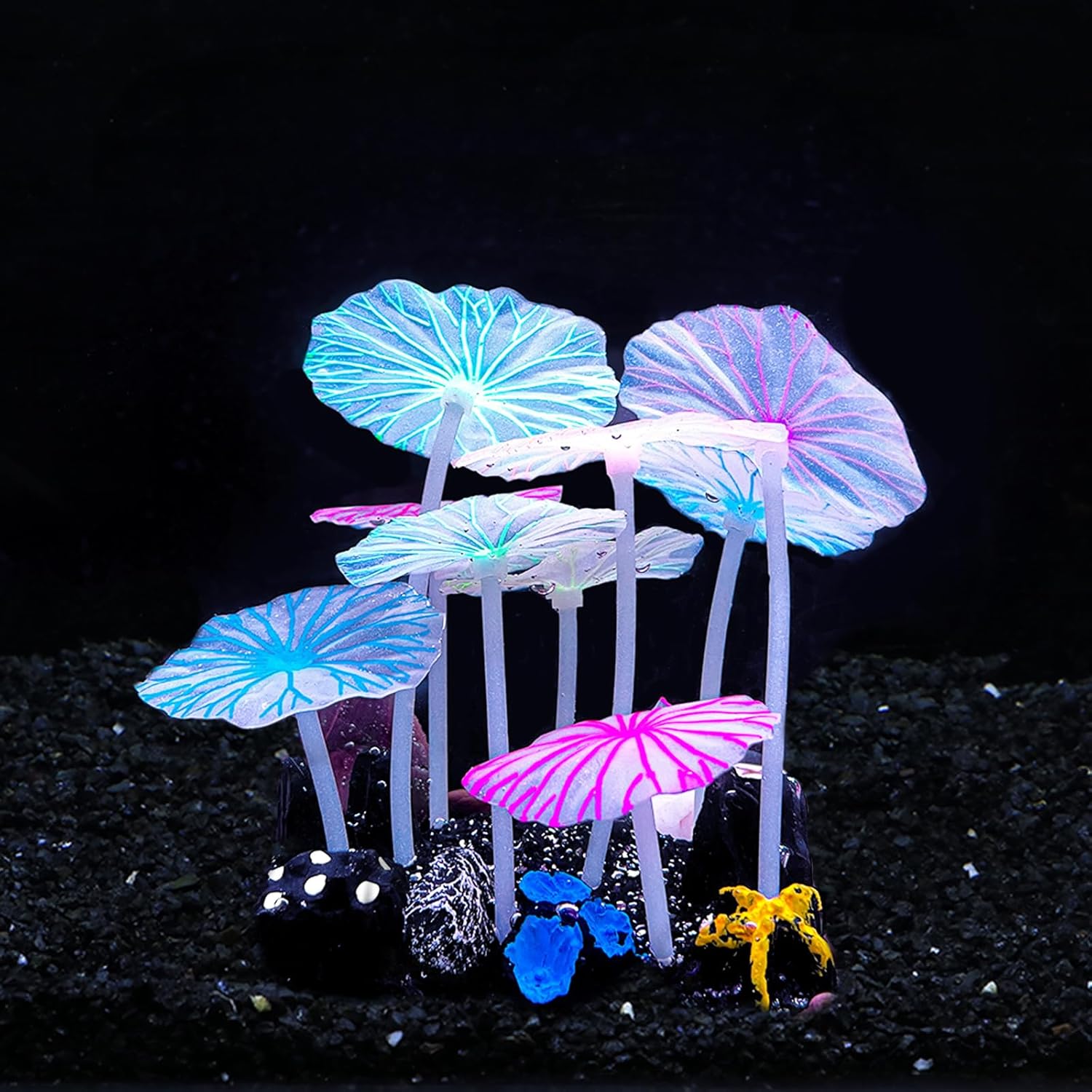 Dynamic Glow in The Dark Aquarium Decorations: Unleashing Visual Effects with Soft Silica Gel, Changing Lights, and Colorful Glowing Coral Ornaments for Enchanting Fish Tank Decor