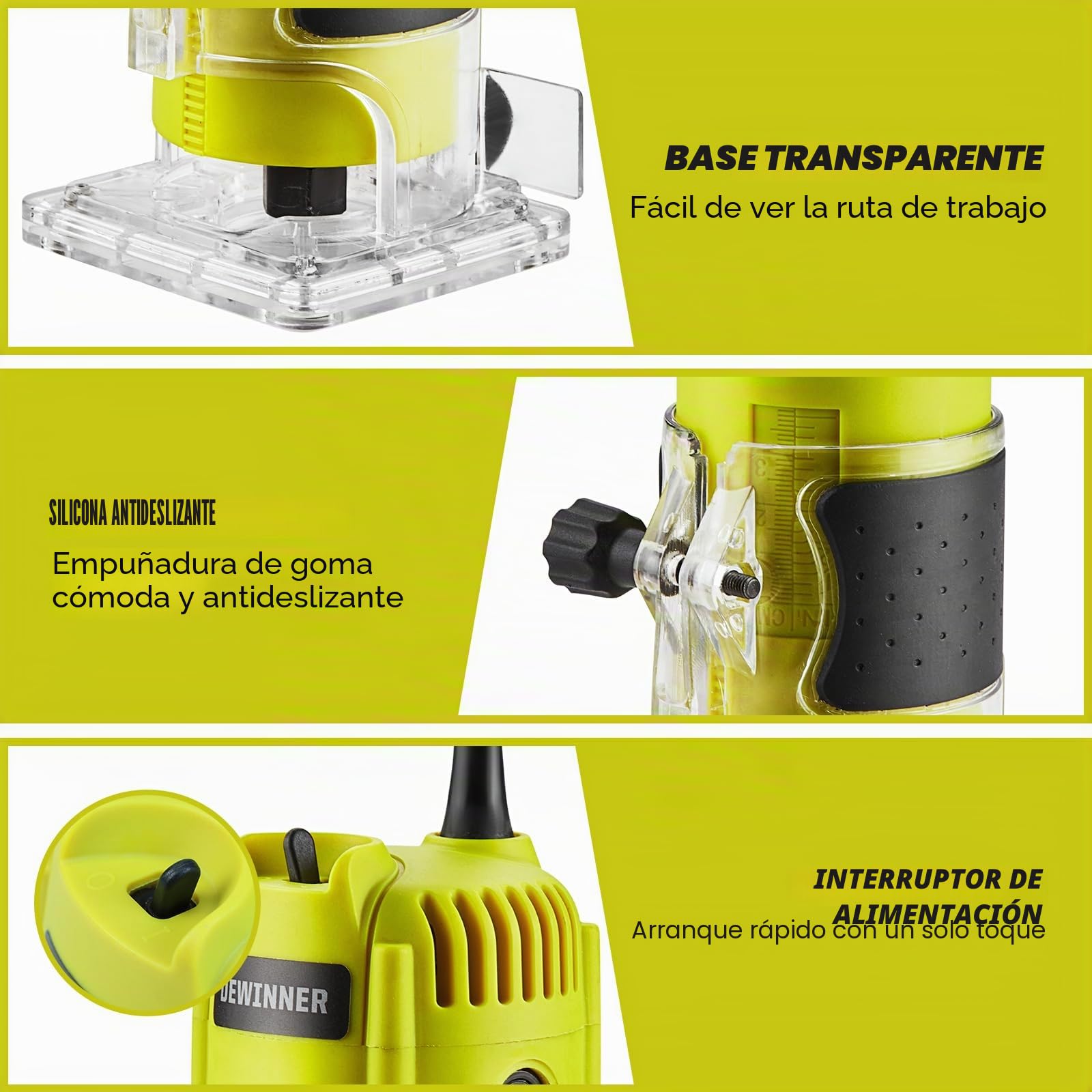 Dewinner Fresadora de Madera Rebajadora Eléctrica 710W 13000-33000RPM, Grabado Fresa Para Biselar,3 Alicates de 1/4'', 6 mm y 8 mm, 6 Velocidades Variables, Profesión de Laminadora Fresa con Rodam