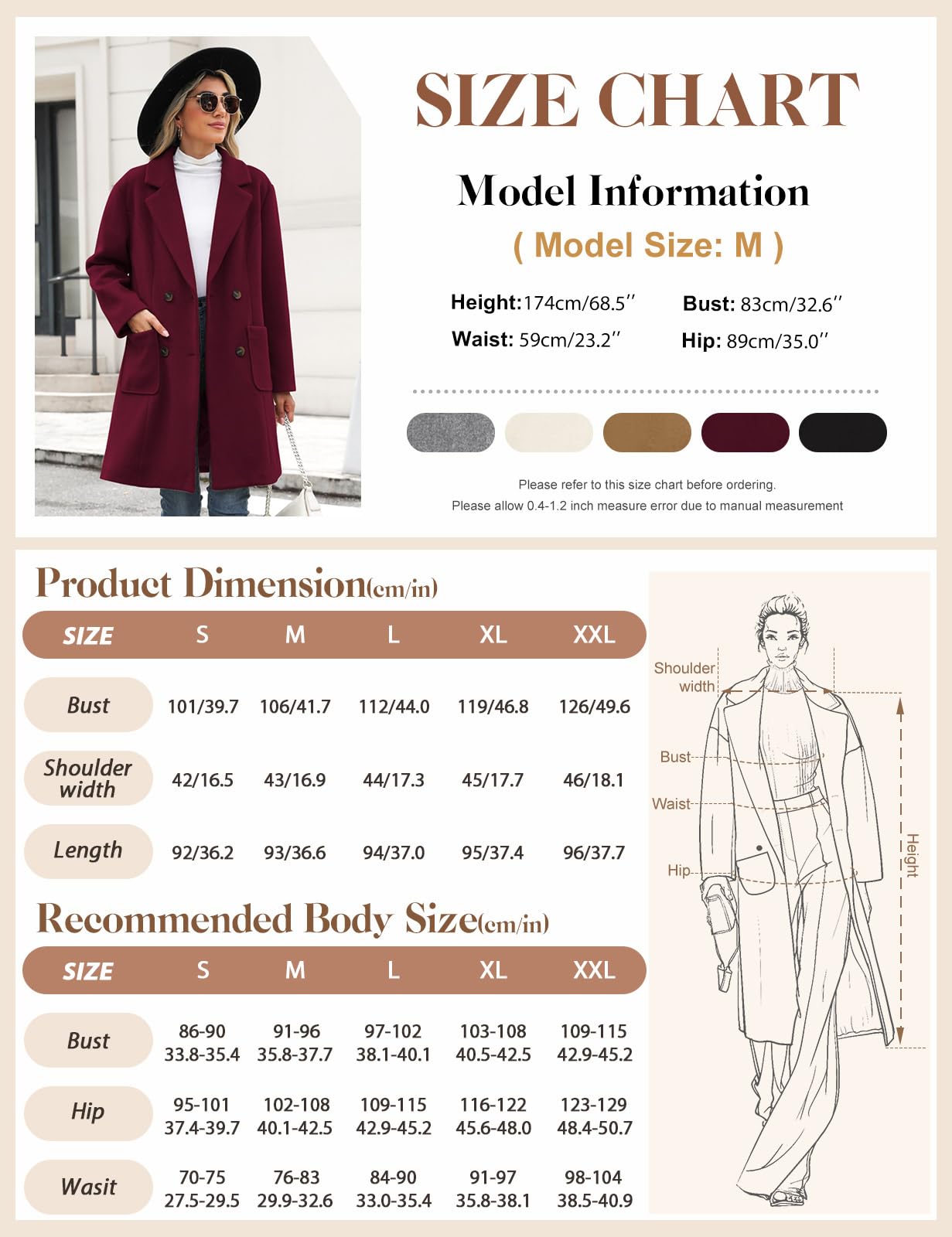 CMTOP Wintermantel Damen V-Ausschnitt Revers Mantel Lang Warm Wollmantel Herbst Winter Damen-mäntel Gerade Zweireihiger Übergangsmantel Elegant Damenmantel mit Taschen