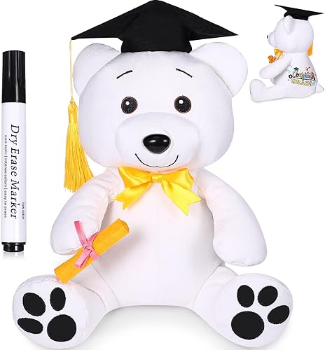 Miniatura 1 de Peluche de autógrafo de graduación de 12 pulgadas 2023, juguete de peluche blanco liso con autógrafo de felicitaciones graduado con bolígrafo negro