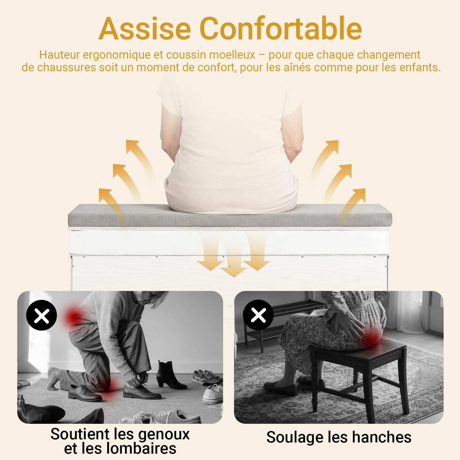 SoBuy Banc Chaussures avec Coussin 104x24x54cm pour Entrée | Meuble à chaussures 2 abattants, coffre étagère pour entrée étroite, effet bois vieilli blanc FSR64-WG