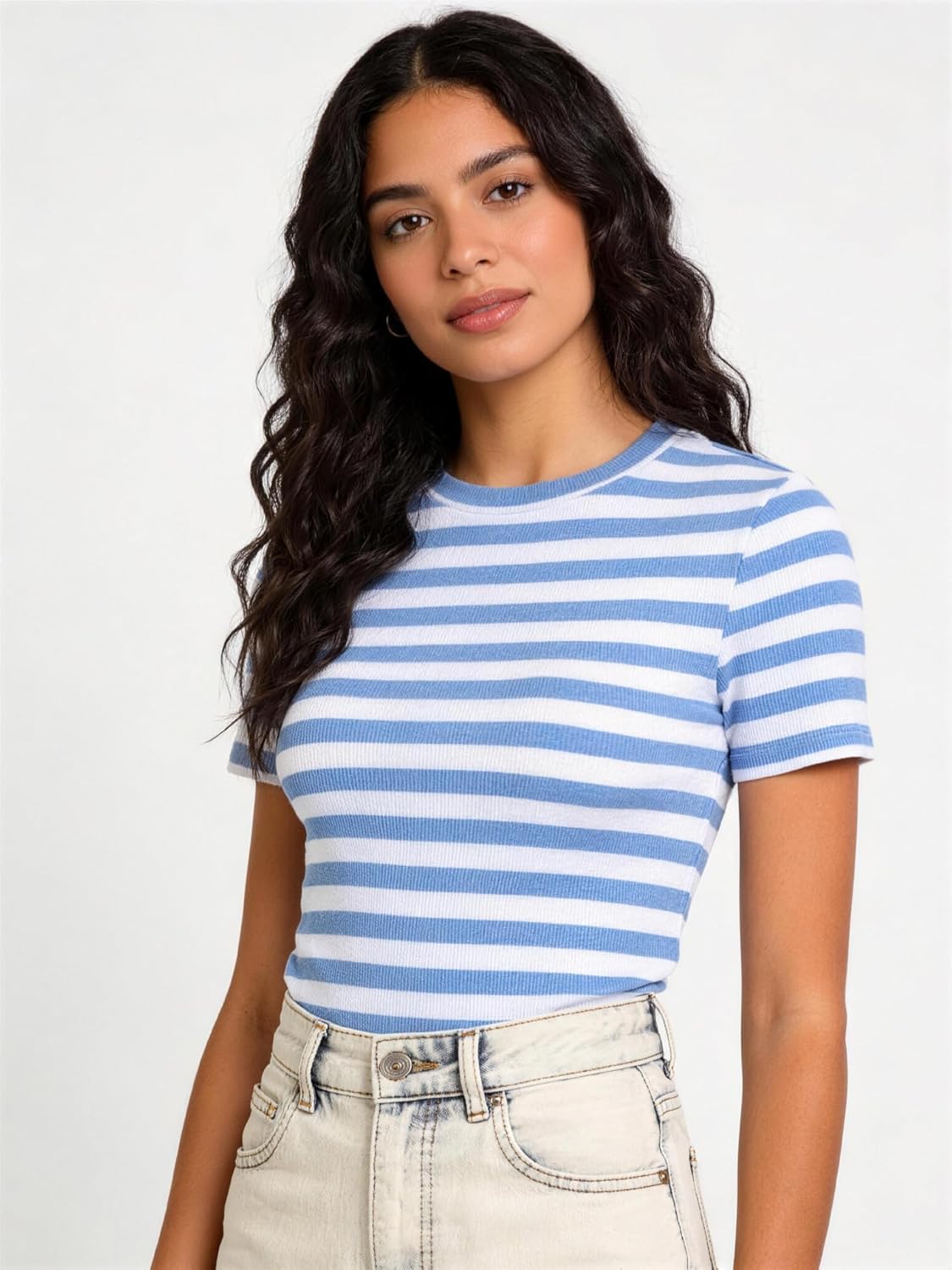 Striped Shirt Women Short Sleeve, Crewneck T-Shirts for Woman Stripes, Fitted Ribbed Tee Stretchy - Image 2