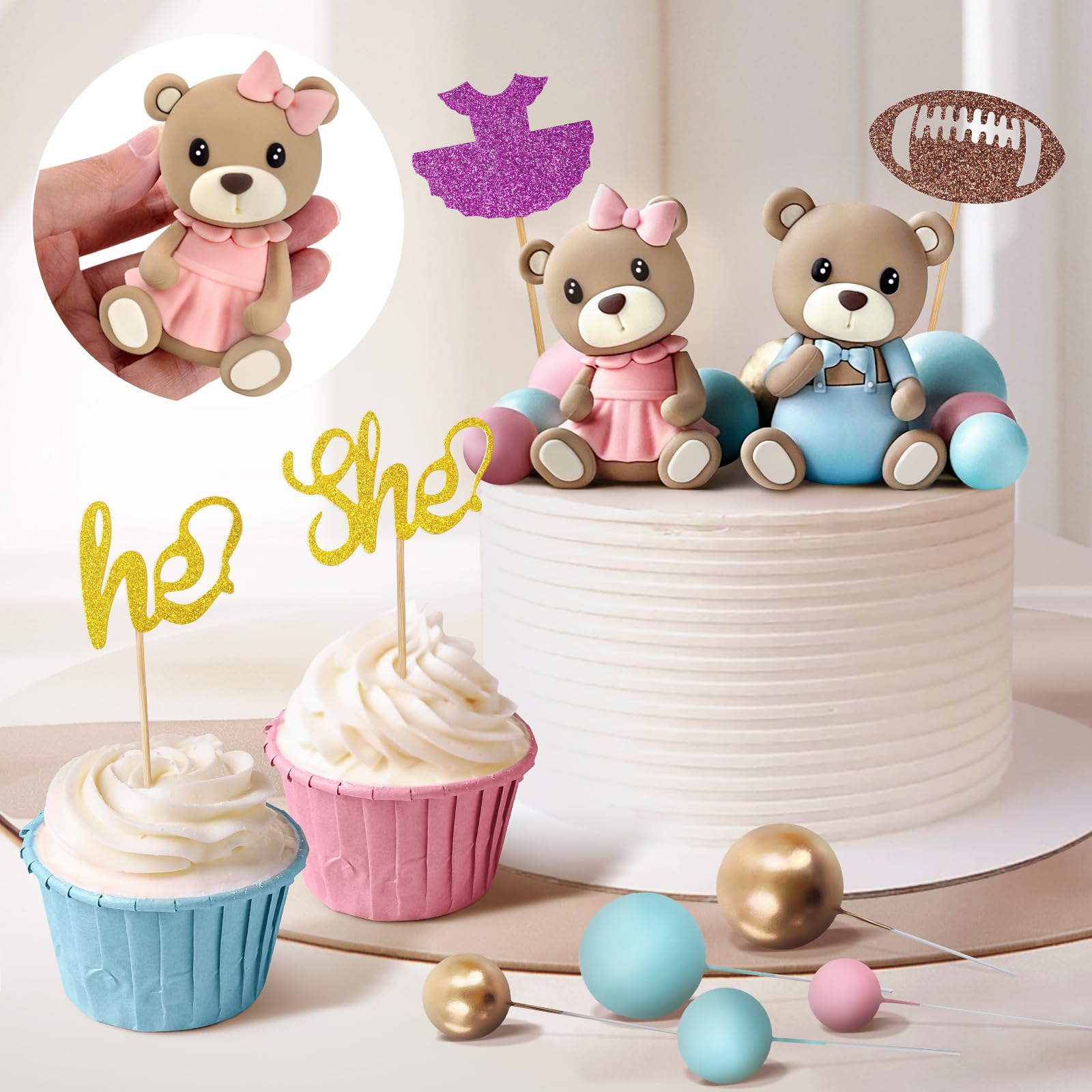 34 piezas de decoración para tartas de revelación de género, decoración de oso para tartas con decoración de pastel para niños y niñas, revelación de género, baby shower, suministros de fiesta de