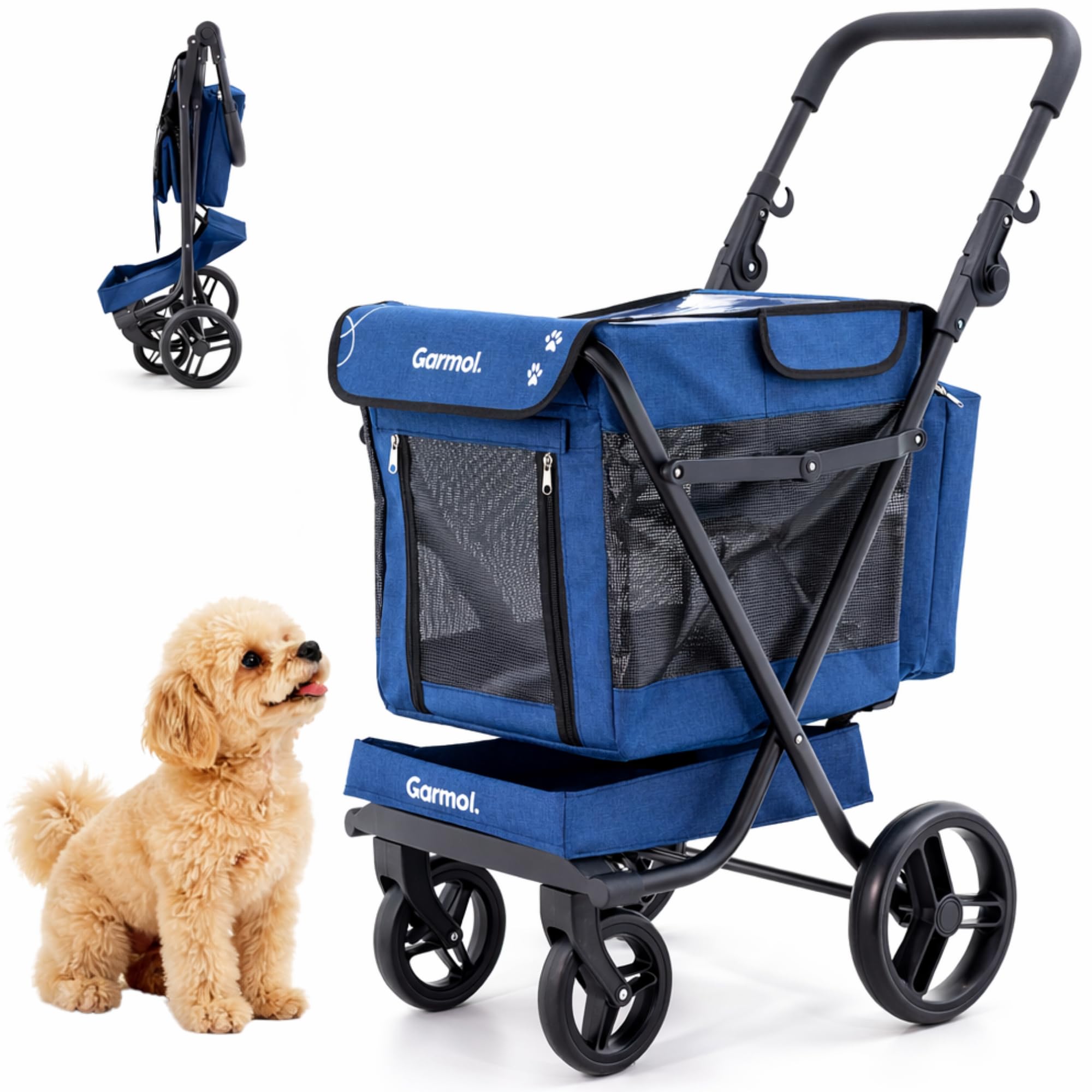 GARMOL Jumbo Pet Carrito para Mascotas Plegable 66L hasta 8kg | 4 Ruedas con 2 Giratorias, Capota Transparente Impermeable, Bolsa 9L y Bandeja 6L | Carro para Perros Pequeños y Medianos (Azul Marino)