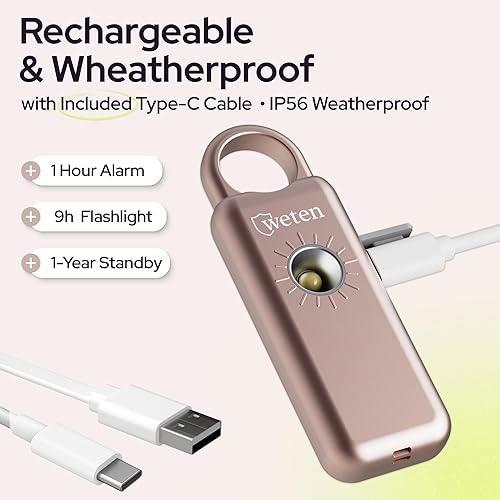 Miniatura 4 de Weten Llavero de alarma de seguridad personal  Sirena de 130 dB con altavoz inferior, luz LED, correa de muñeca y mosquetón  Alarma de autodefensa