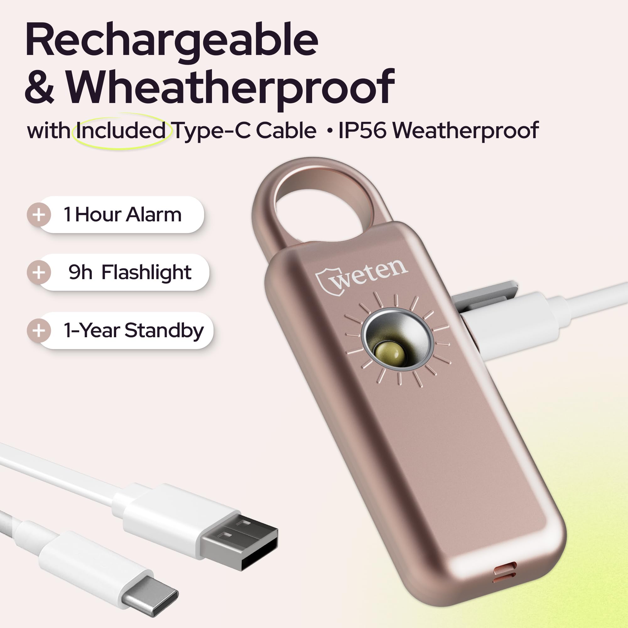 Weten Llavero de alarma de seguridad personal, sirena de 130 dB con altavoz inferior, luz LED, pulsera y clip de mosquetón, alarma de autodefensa resistente a la intemperie con alerta de batería baja