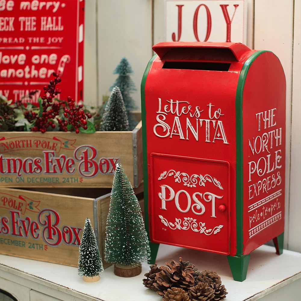Letters to Santa Mailbox North Pole Post Vintage Mailbox Letters Decoration Christmas Farmhouse Decor/Rustic Metal Christmas Decor Decorative Box (Red)