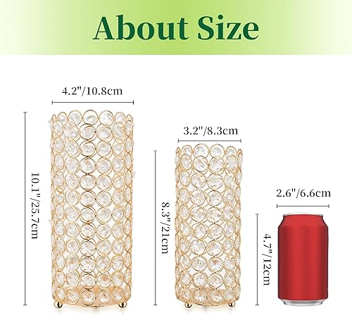 Miniatura 5 de Hewory - Jarrones cilíndricos de cristal dorado para centros de mesa, 2 portavelas con cuentas de cristal con purpurina, florero brillante para ramo