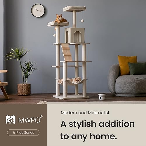 Miniatura 2 de MWPO Árbol grande y moderno para gatos, torre de madera de 70.1 pulgadas para gatos de interior, condominio alto para gatos de varios niveles con 2