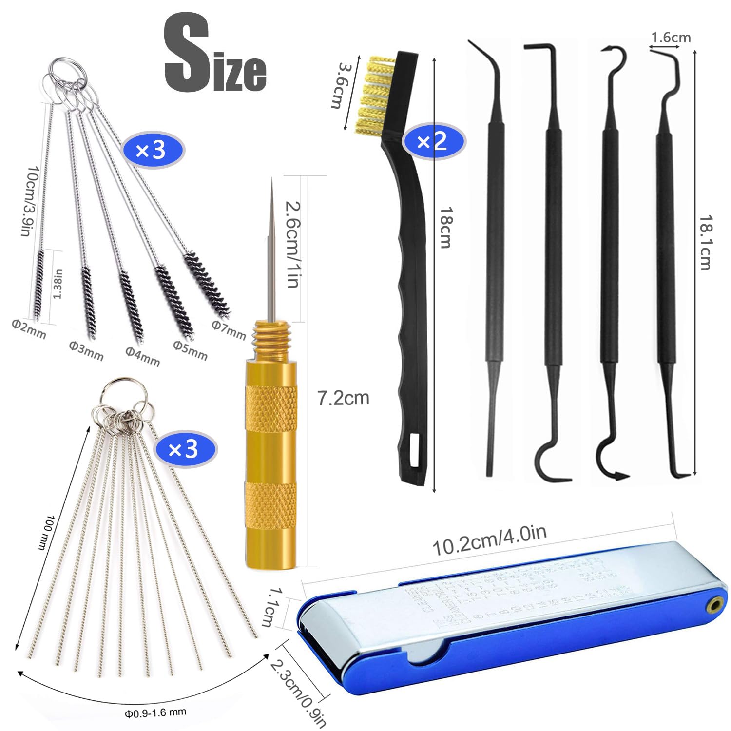 Condition photo showing New/Like New for carburetor cleaner tool kit, airbrush torch tip cleaner set include 2 single head brushes 30 needles 15 nylon brushes 13 cleaning wires 1 scraper 4 clean hooks for motorcycle atv chainsaw welder