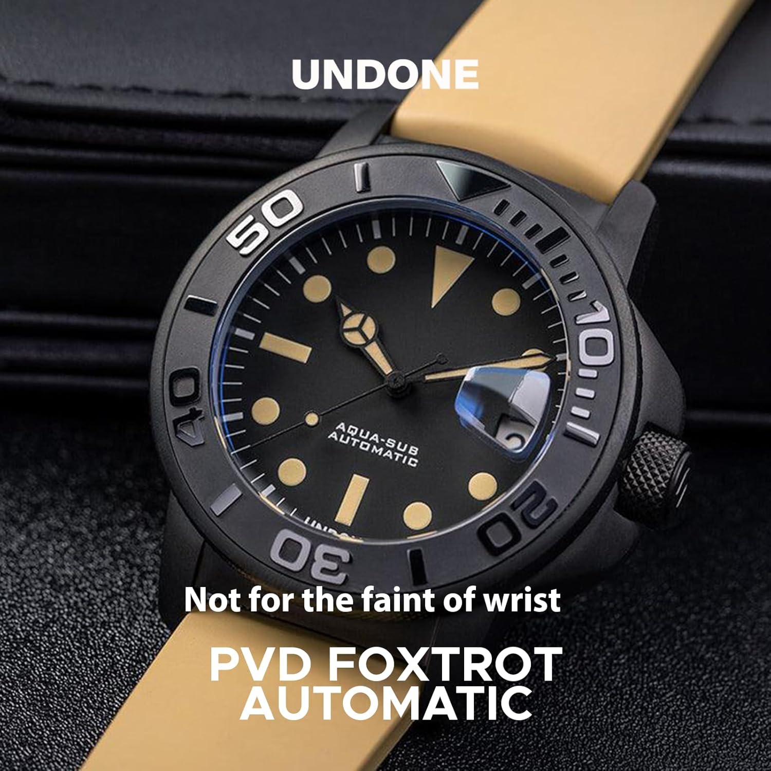 UNDONE Aqua II Foxtrot Automatic Dive Watch for Men 43mm 300M Water Resistance Wristwatch Diver for Men with Rubber Strap (Black Dial | Beige Rubber Strap)