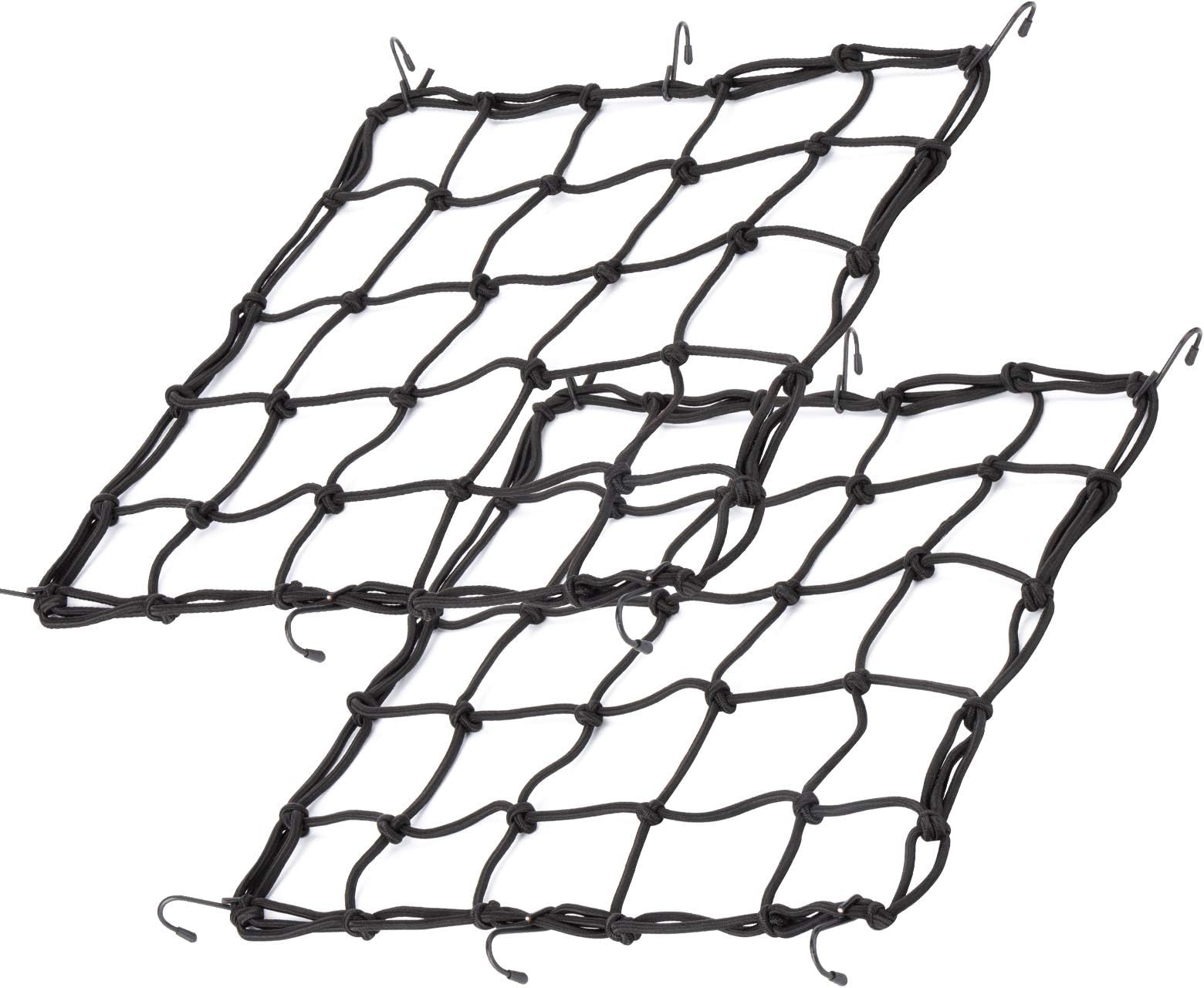 2Pack 15.7"x15.7" Cargo Net, Heavy Duty Bungee Net Stretches to 31.5"x31.5", Gear Helmet Luggage Thicken Netting with 3"x3" Small Mesh & 6 Adjustable Metal Hooks for Motorcycle, Bike, ATV