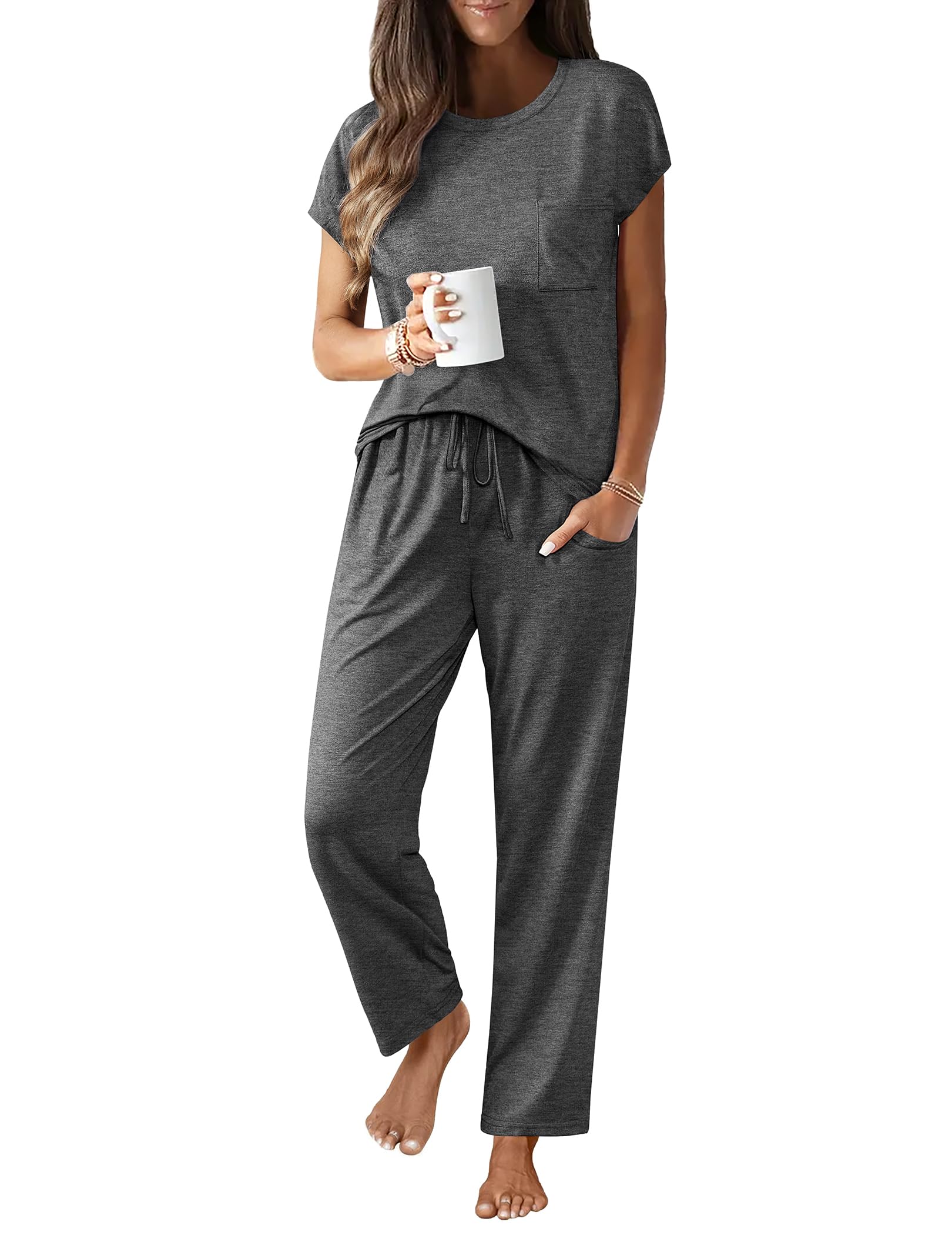 Ekouaer Womens Pajama Sets Cap Sleeve Sleepwear Tops and Long Pants Comfy Pjs 2 Piece Lounge Set with