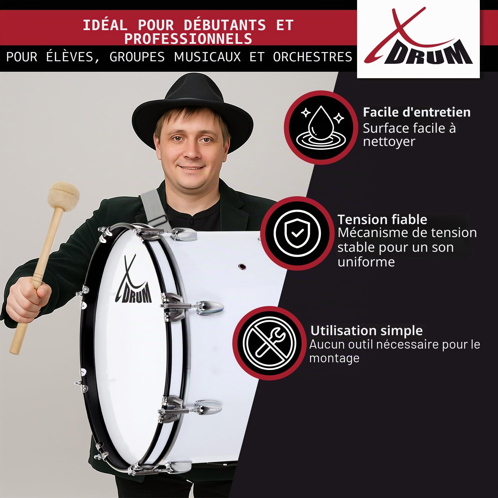 XDrum MBD-226 Grosse caisse de marche 26" x 12" — 10,5 kg, blanche. 4 œillets de fixation, 8 vis de tension par côté. Livrée avec maillets, sangles de transport et clé de tension
