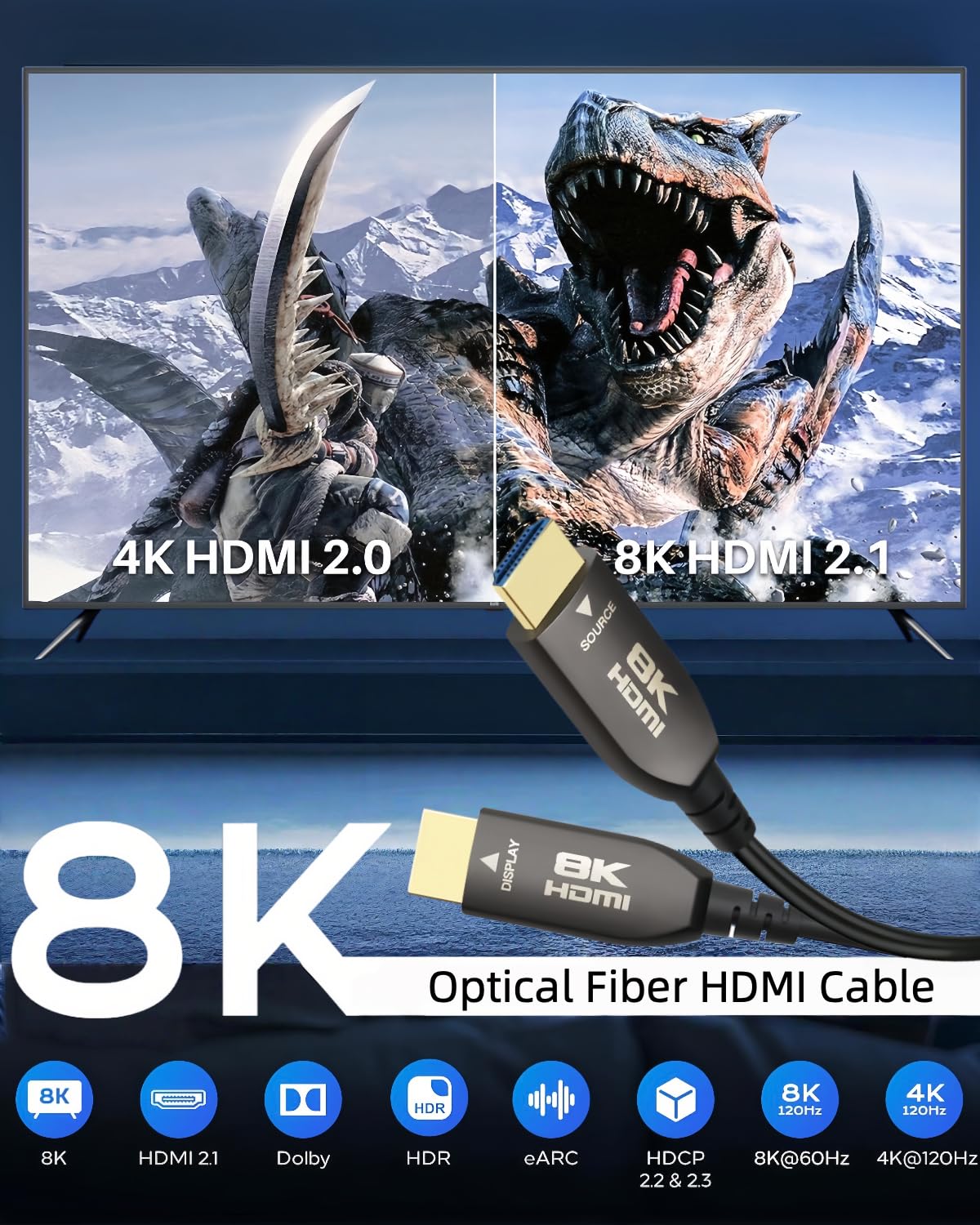 Cavo HDMI in fibra ottica 8K, 15 m, 48 Gbps ad altissima velocità, 8K60Hz 4K120Hz 2K144Hz HDR/eARC, HDCP 2.2 e 2.3/3D compatibile per PS5, X Box Series X, GPU desktop serie 30 e 40 (15 m)