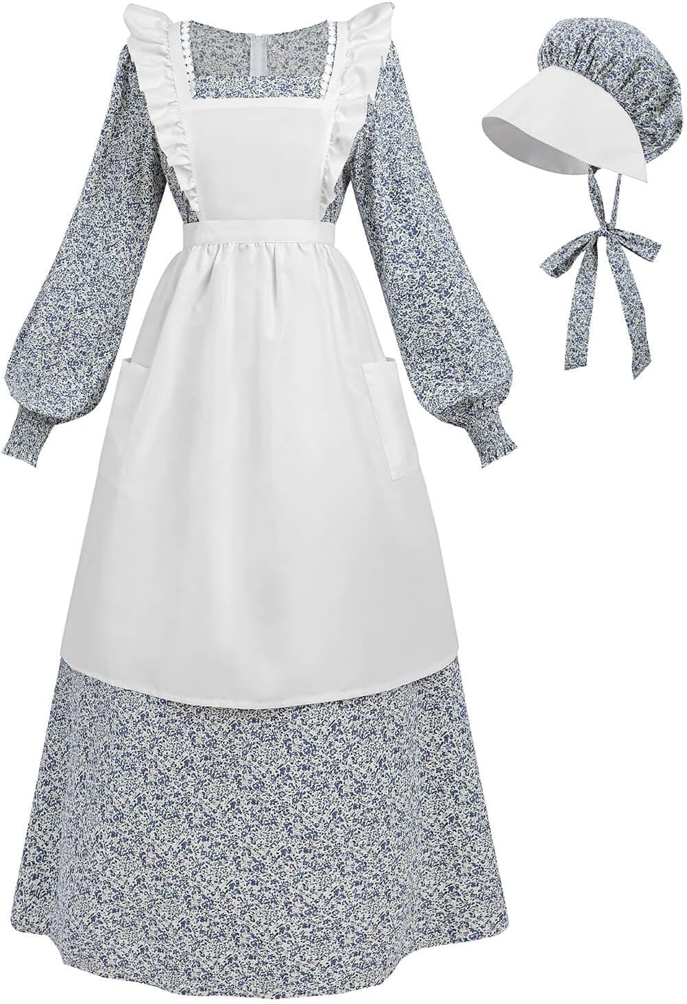 Nuoqi Prairie Dress Women Adult Colonial Dress 1800s Long Sleeve Pioneer Costume with Apron Bonnet