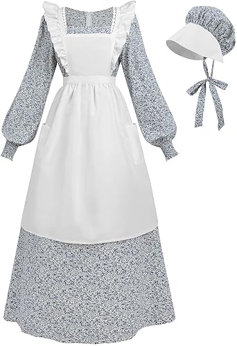 Nuoqi Pioneer Dress Women Prairie Dress with Bonnet Adult Colonial Costume