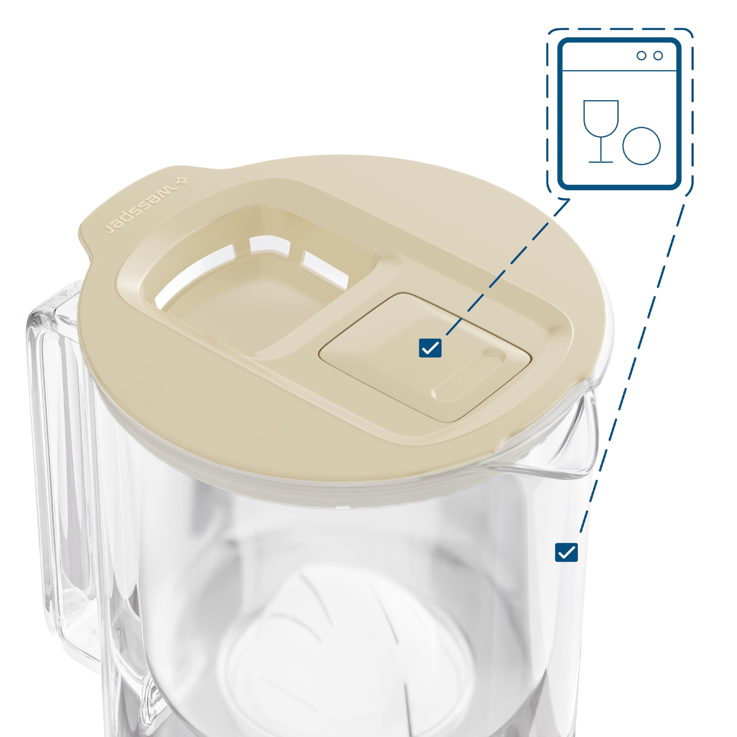 Wessper Carafe Filtrante en Verre avec Cartouches Filtrantes pour Eau Potable 2 l, Pichet en Verre avec Compteur de Filtre Intelligent, Kit comprenant 1x filtre à charbon actif- Beige