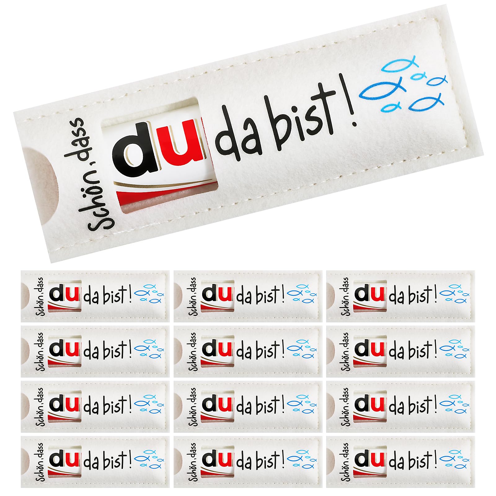 24pcs Schön dass du da bist Geschenke Kleine Gastgeschenke Taufe Kommunion Hülle Filz Geschenk Schokolade Verpackung Taufe Fisch Muster für Jungen Mädchen Kommunion Konfirmation Taufe Firmung