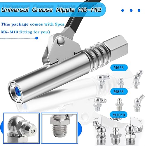 Vista 11 de Grease Gun Coupler Grease Gun Fittings Quick Lock and Release Lube Heavy Grease Gun Nozzle Tips Coupler Compatible with All Grease Guns 1/8" Npt End