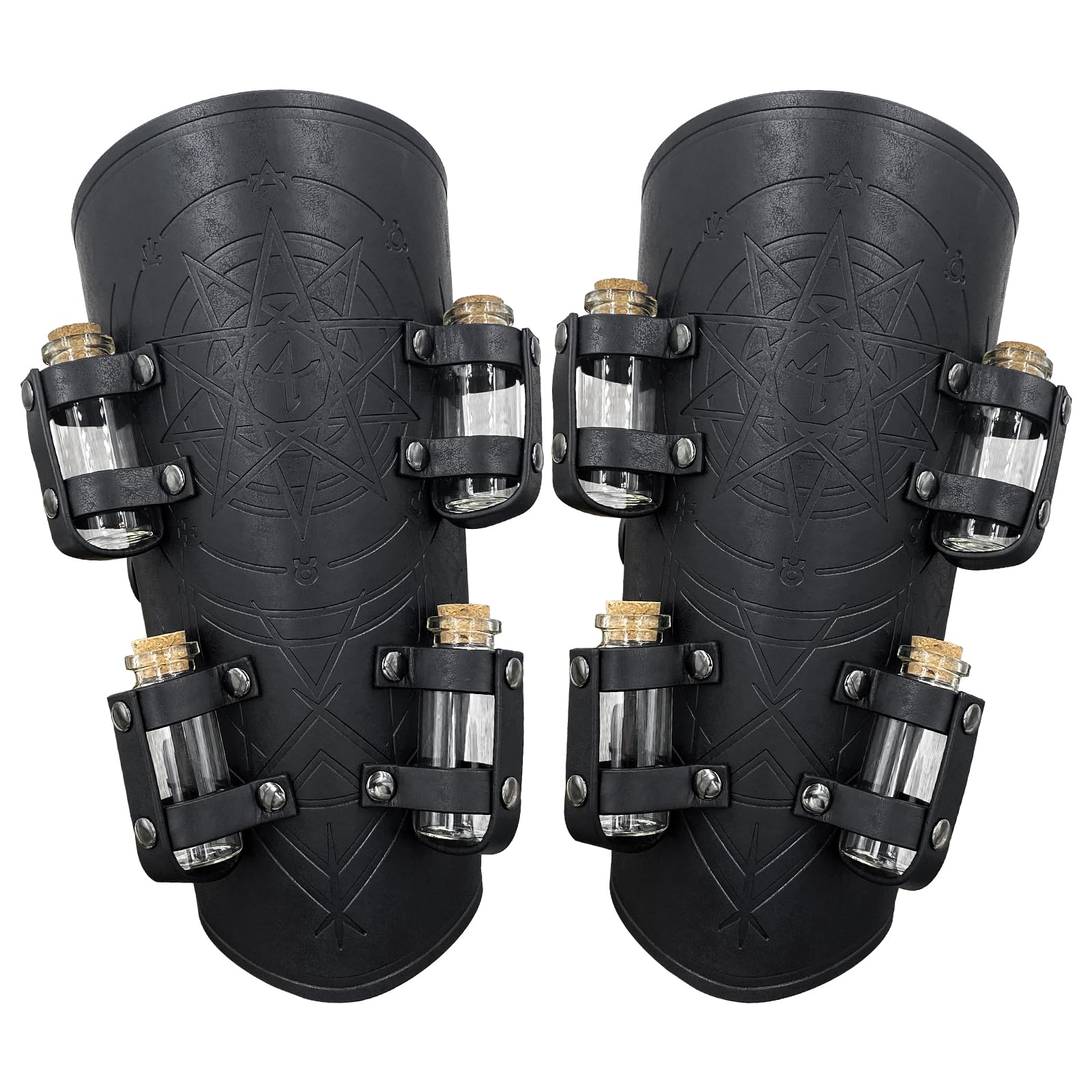 HiiFeuer Medieval Embossed Alchemy Bracers with 8 Cork Vials, Fantasy Faux Leather Buckle Arm Guards Magic Archer Gauntlets