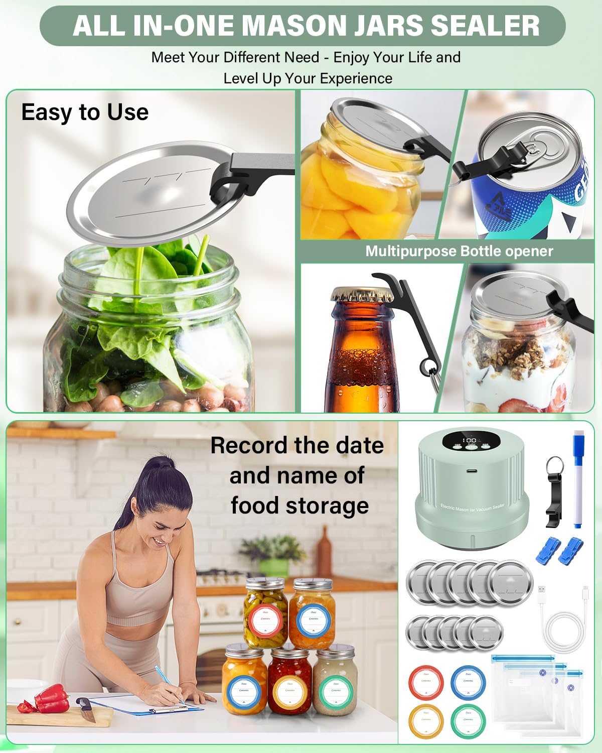 Mason Jar - Kit de sellador al vacío totalmente automático, sellador al vacío, 3 en 1, sellador al vacío inalámbrico con tapas Mason de boca ancha y regular, bolsas de vacío reutilizables, sellador al