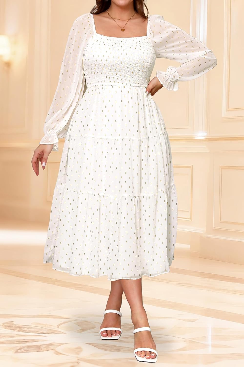 Pinup Fashion Plus Size Fall Dress - Bridal Shower Graduation Wedding Guest Boho Chiffon Smocked Midi Dresses - Image 2