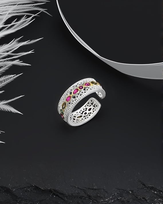 Sterling Silver Vintage Filigree Open Ring for Women, Boho Princess Wide Wedding Cocktail Band Thumb Ring, Adjustable Statement Birthstone Jewellery Gift