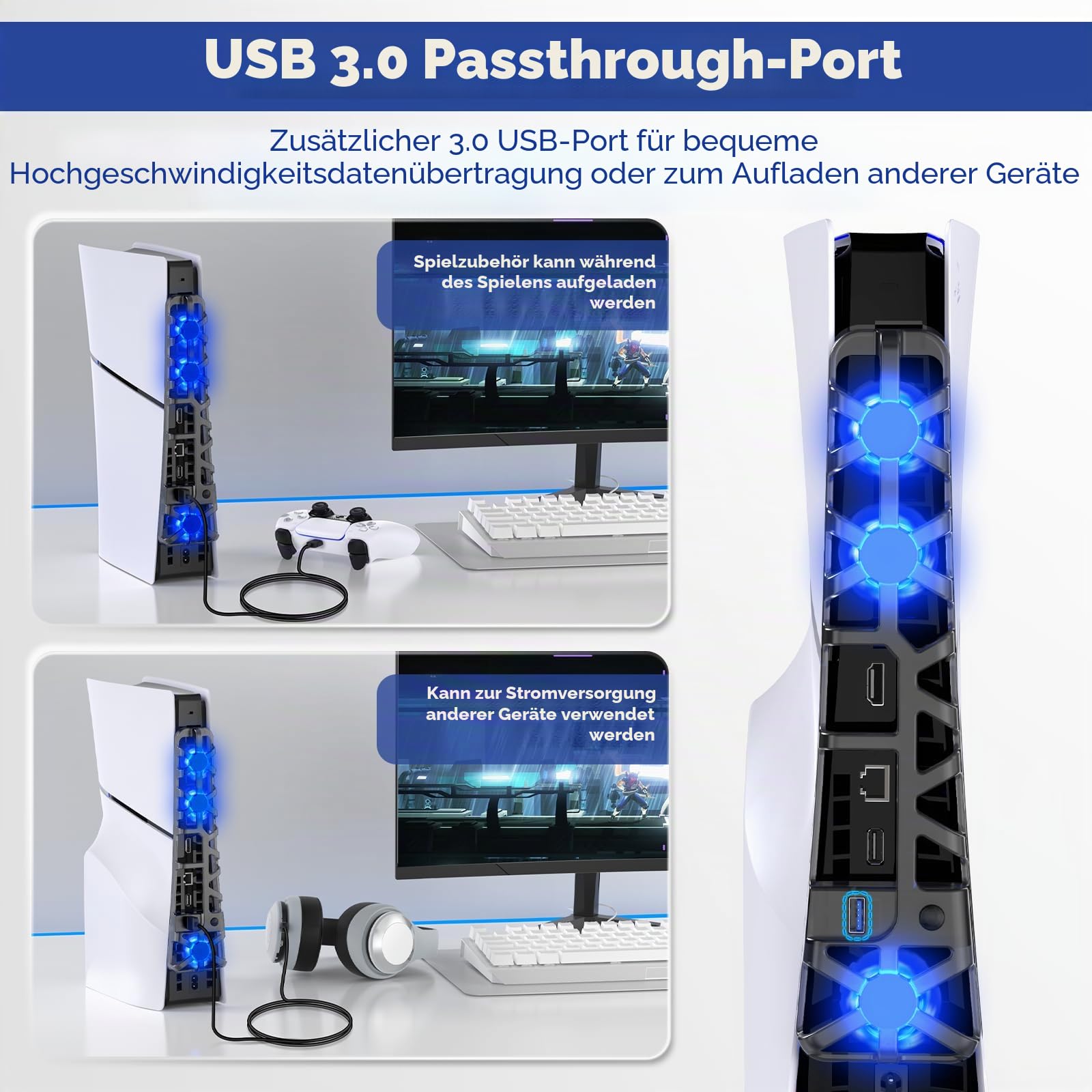 FASTSNAIL LED Lüfter für PS5 Slim Konsole, Leiser Kühler mit Speicherfunktion, Zubehör mit 3 Lüftern & USB 3.0 Port kompatibel mit Playstation5 Slim Digital & Discs Edition（Farbe LED）