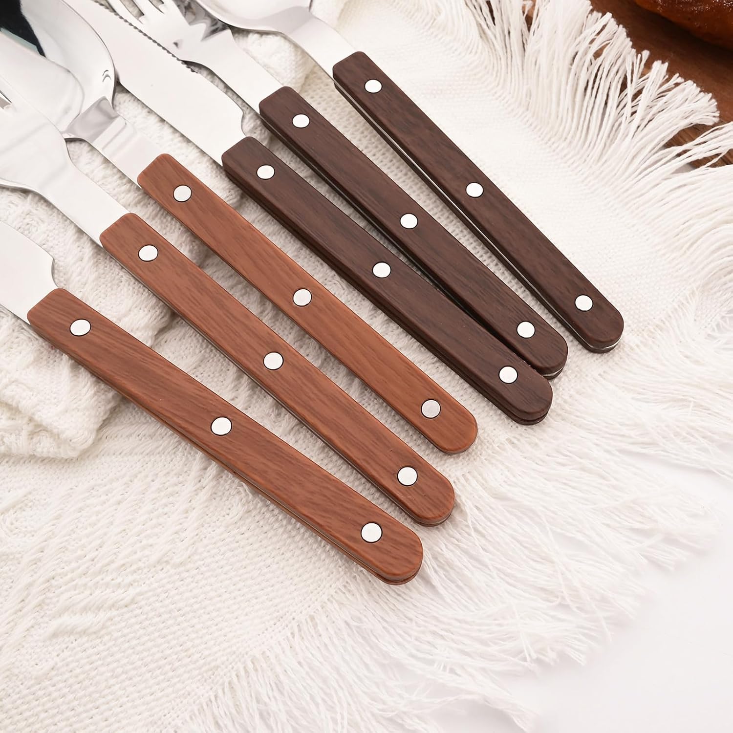24-Piece Silverware Set, Uniturcky Forged Stainless Steel Flatware Set for 6, Vintage Cutlery Set with Brown Wood Grain Handle, Mirror Polished, Rustic Utensils Set, Riveted handle design