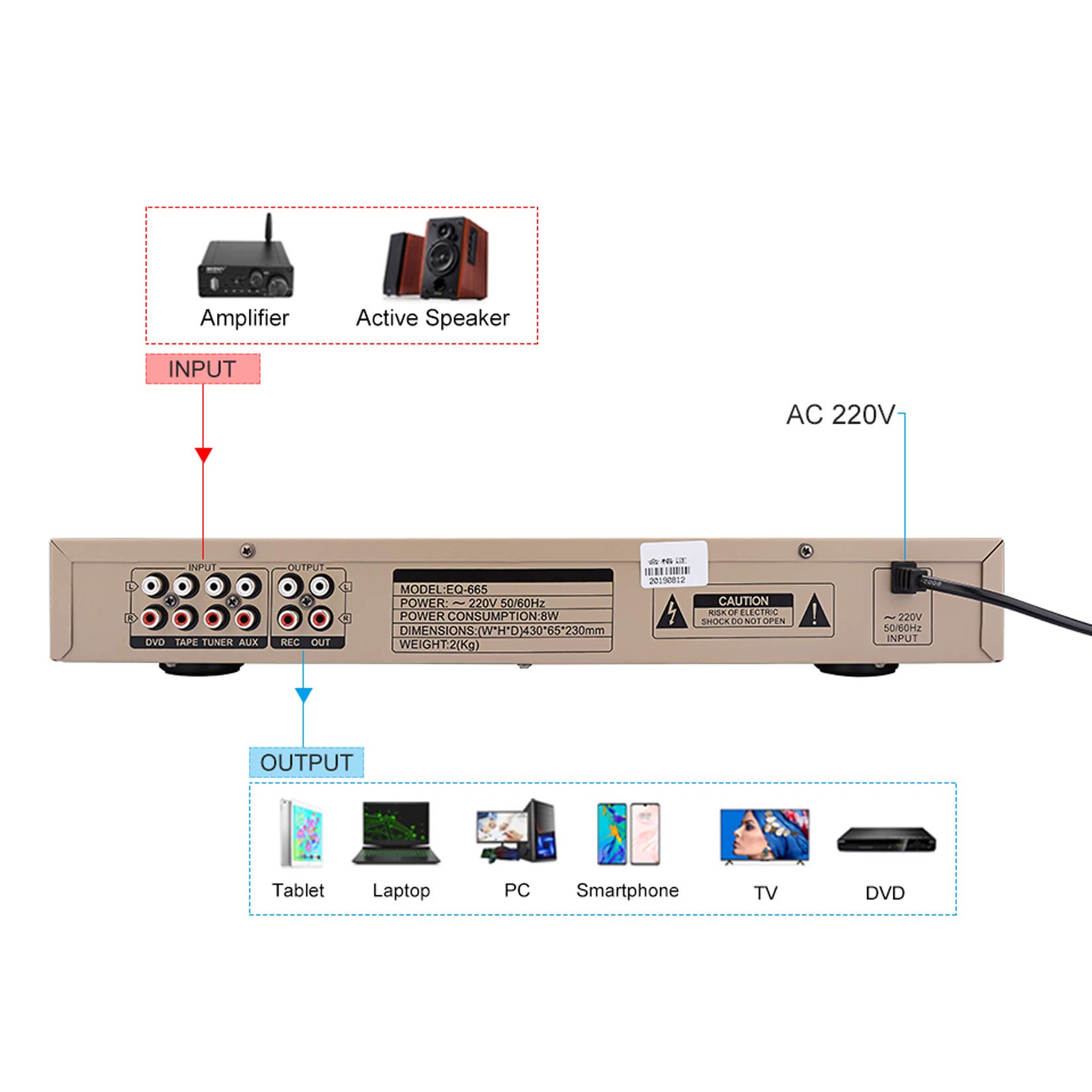 Toplionace EQ665 Stereo Equalizer, 220V Hifi Home EQ Equalizer Dual-10 BAND-Stereo Höhen Alt Bass Regelung mit Integriertem Bluetooth (EQ665, Schwarz)