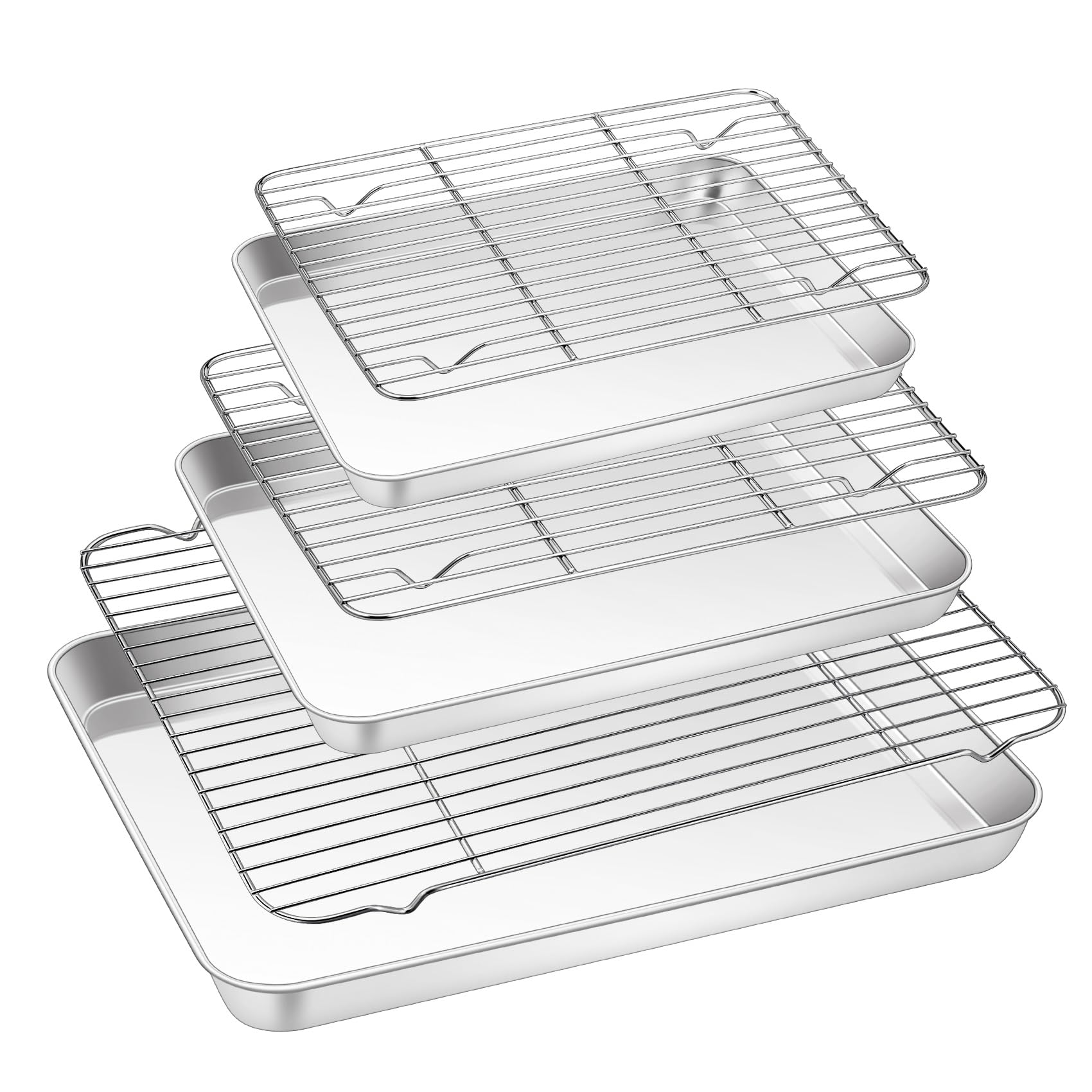 TeamFar Baking Sheet with Rack Set (3 Pans + 3 Racks), 17.6/12.5/10.5 Inch Stainless Steel Cookie Sheet Baking Pans Tray and Cooling Racks for Cooking Roasting, Non-Toxic & Heavy Duty, Dishwasher Safe
