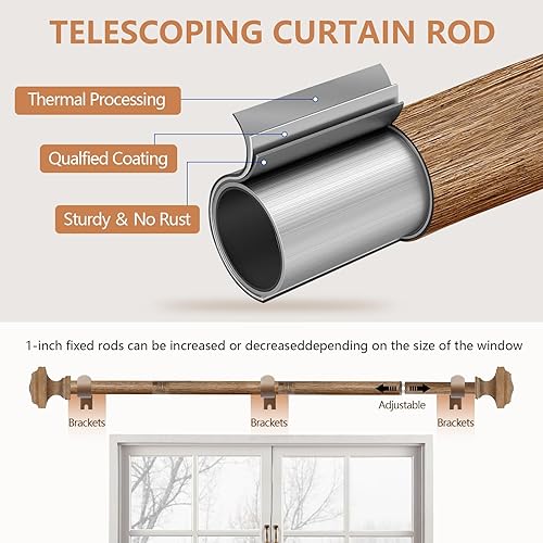 Miniatura 2 de Barra de cortina de 1 pulgada, con tratamiento decorativo de madera para una sola ventana, remate cuadrado de imitación de grano de madera, 1 paquete