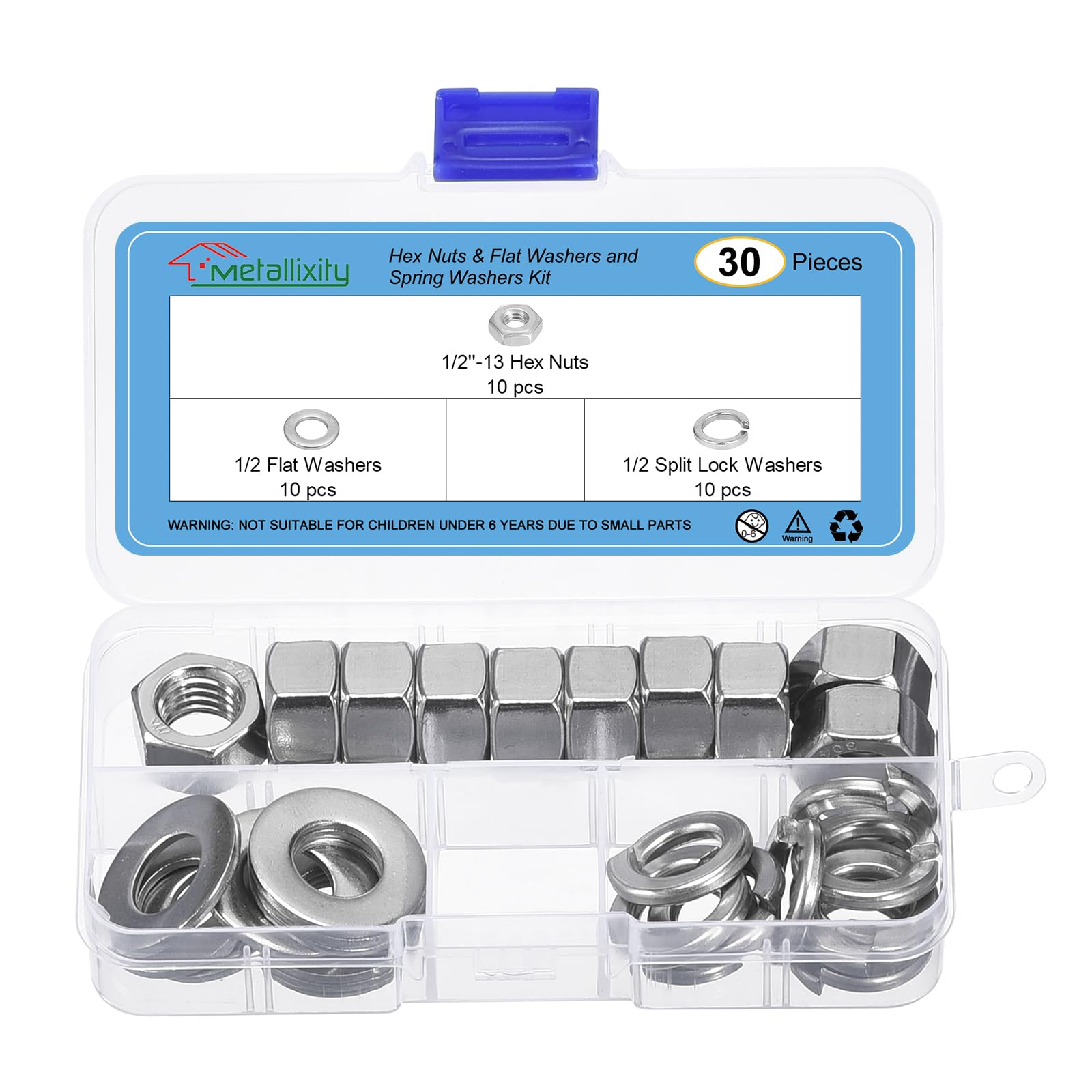 METALLIXITY Hex Nuts Assortment Kit (1/2"-13 Hex Nuts with 1/2 Flat Washers & Split Lock Washers) 30Pcs