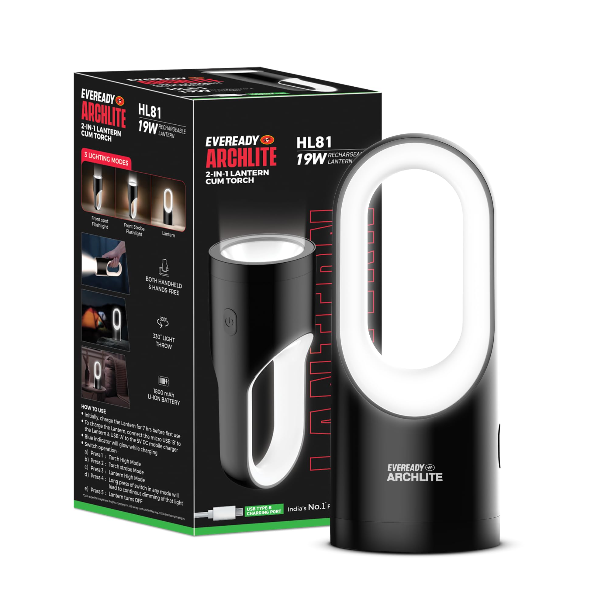 Eveready Archlite HL81, Rechargeable Emergency Lantern Cum Torch, 19W Lantern + 2W Torch, Handheld and Handle-Free, USB Type-B Charging, 330° Emergency Light, 6 Months Warranty, Pack of 1-image-20
