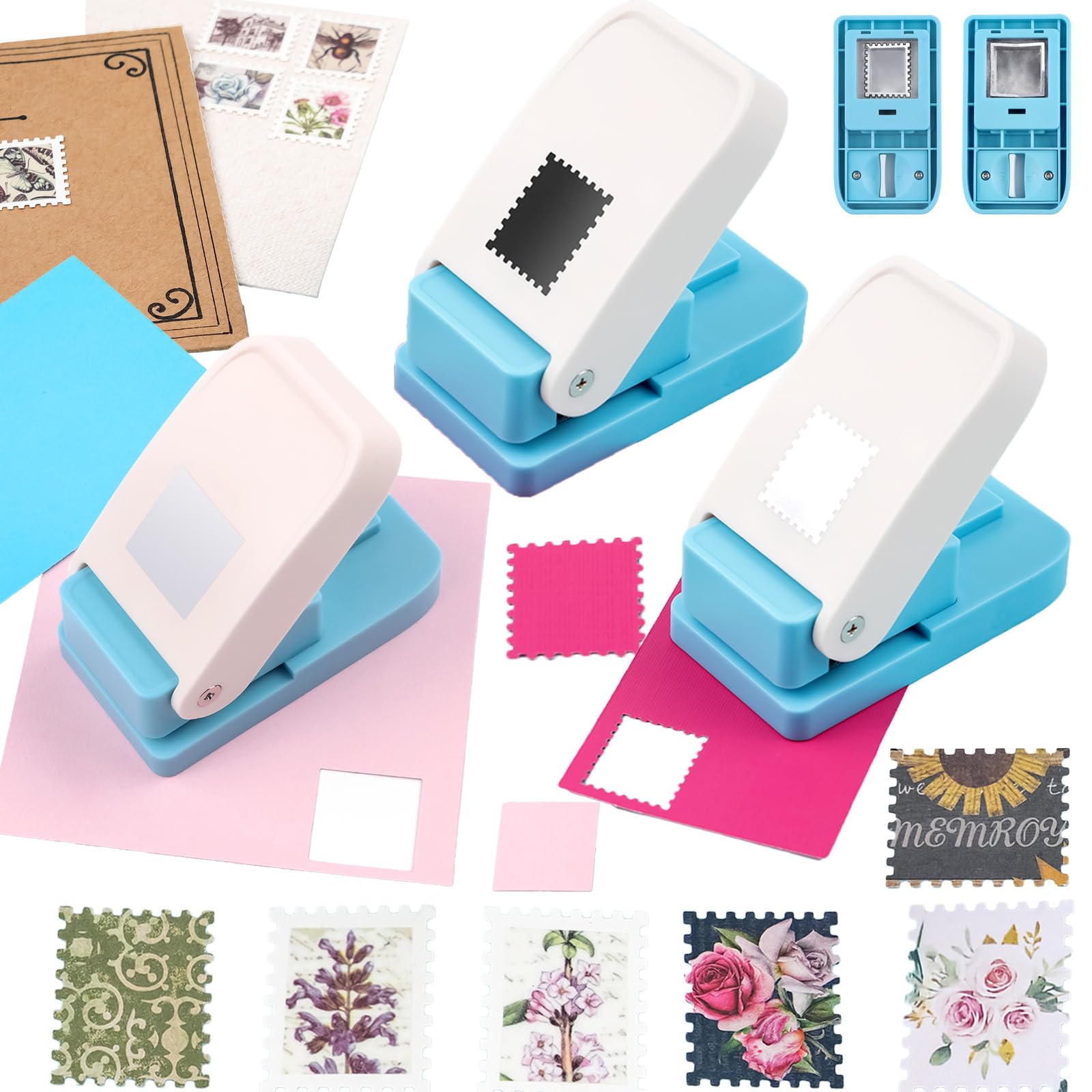 OTCRAFT 3Pcs/Set 2 Rectangular Postage Stamp 1X0.8inch with 1" Square Punch Set, Scalloped Rectangle Lever Action Craft Punch for Paper Crafting Scrapbooking DIY Card Making Arts Crafts Supplies — image 1