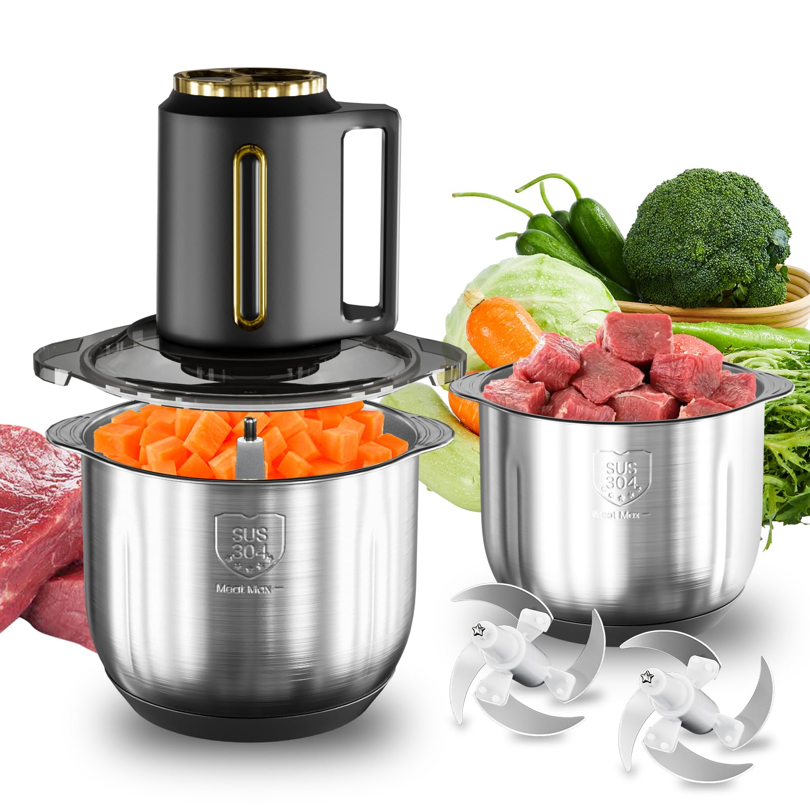 Picadora Eléctrica con 2.5L Recipientes, 300W Trituradora de Alimentos con 3 Velocidades, 2 x Cabezal de Repuesto, Fácil de Limpiar, Picadora para Frutas Verduras Carne Especias