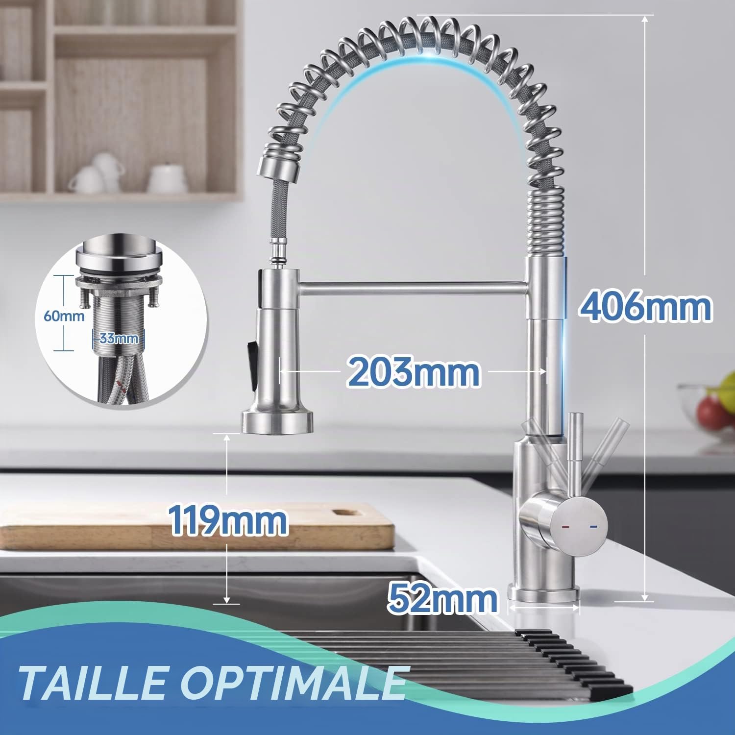 Robinet d'évier de Cuisine Sans Contact, Robinet Infrarouge avec Douchette Extensible, Pivotant à 360 °, 2 Types de Jets, Mitigeur Cuisine Touchless Robinet d'évier en acier inoxydable