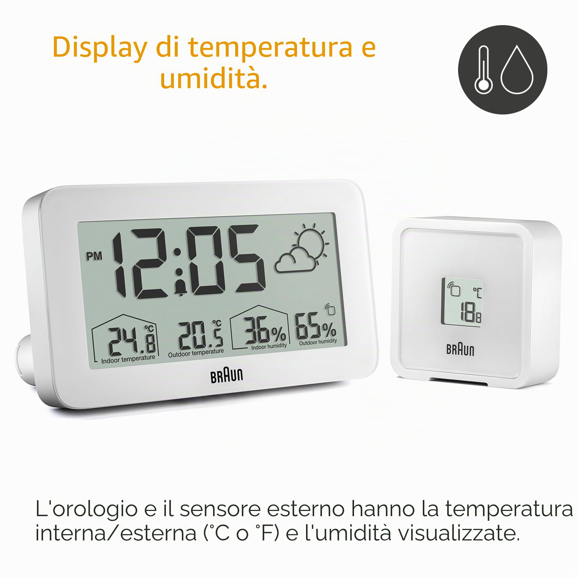 Braun Orologio digitale con stazione meteorologica temperatura e umidità interna ed esterna, previsioni, display LCD, impostazione rapida, allarme sonoro in crescendo, bianco, modello BC13WP.