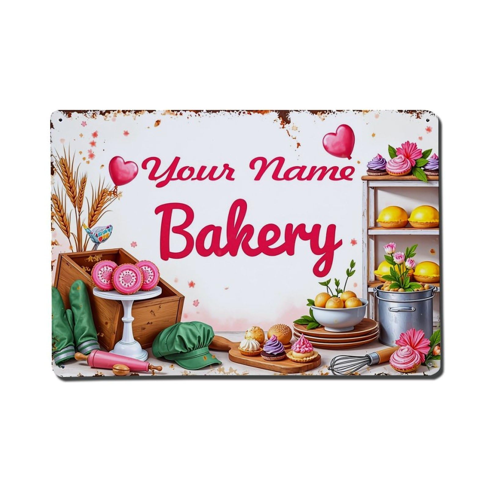 Nestemfo Vintage Your Name Bakery Product Pattern Tin Sign Metal Sign, Living Room,Bar, Home, Bedroom Wall Decor,Retro Metal Poster 8X12 Inches