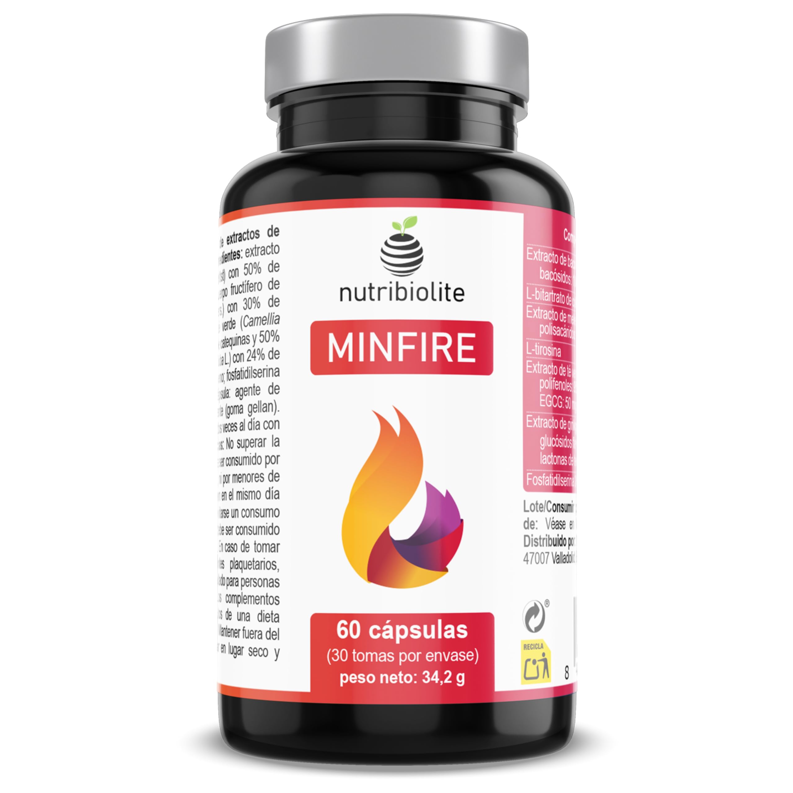 Nootropico naturale senza caffeina - Bacopa, Criniera di Leone, Colina, Ginkgo, Tè verde, Fosfatidilserina – Memoria, Concentrazione e Affaticamento Mentale - Senza additivi - Minfire Nutribiolite