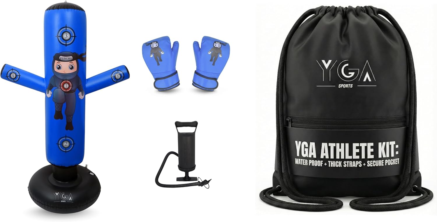 PUNCHO Kids Punching Bag + Drawstring Bag Bundle - 63" Inflatable Boxing Bag with Gloves, Pump & eBook + Heavy-Duty 420D Waterproof Gym Sack Fits Ball or Gear for Active Boys & Girls