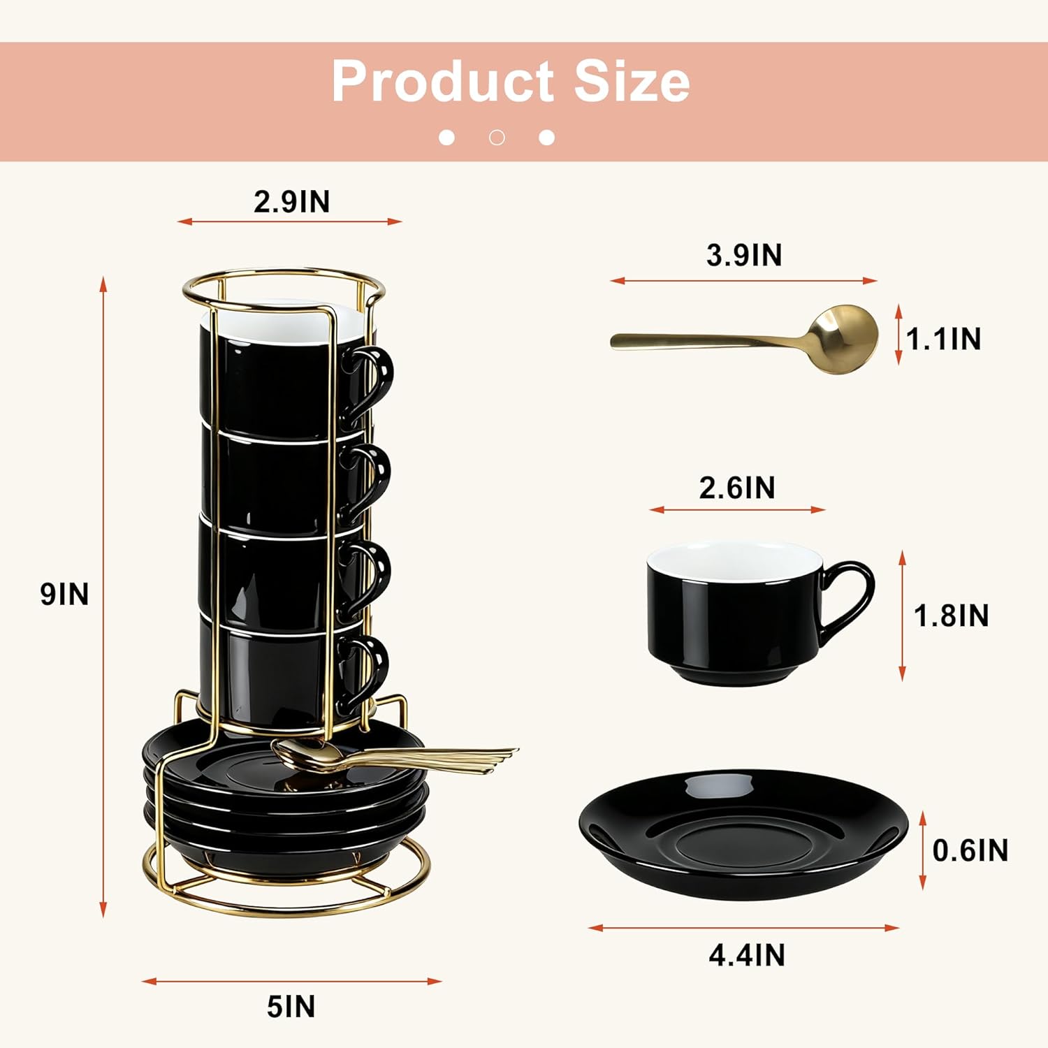 3 Ounce Espresso Cups Set of 4, Stackable Demitasse Mugs, Includes Display Stand, Cups Saucers, and Spoons, for Machines & Home Use, Black, Gold Tone - Image 3
