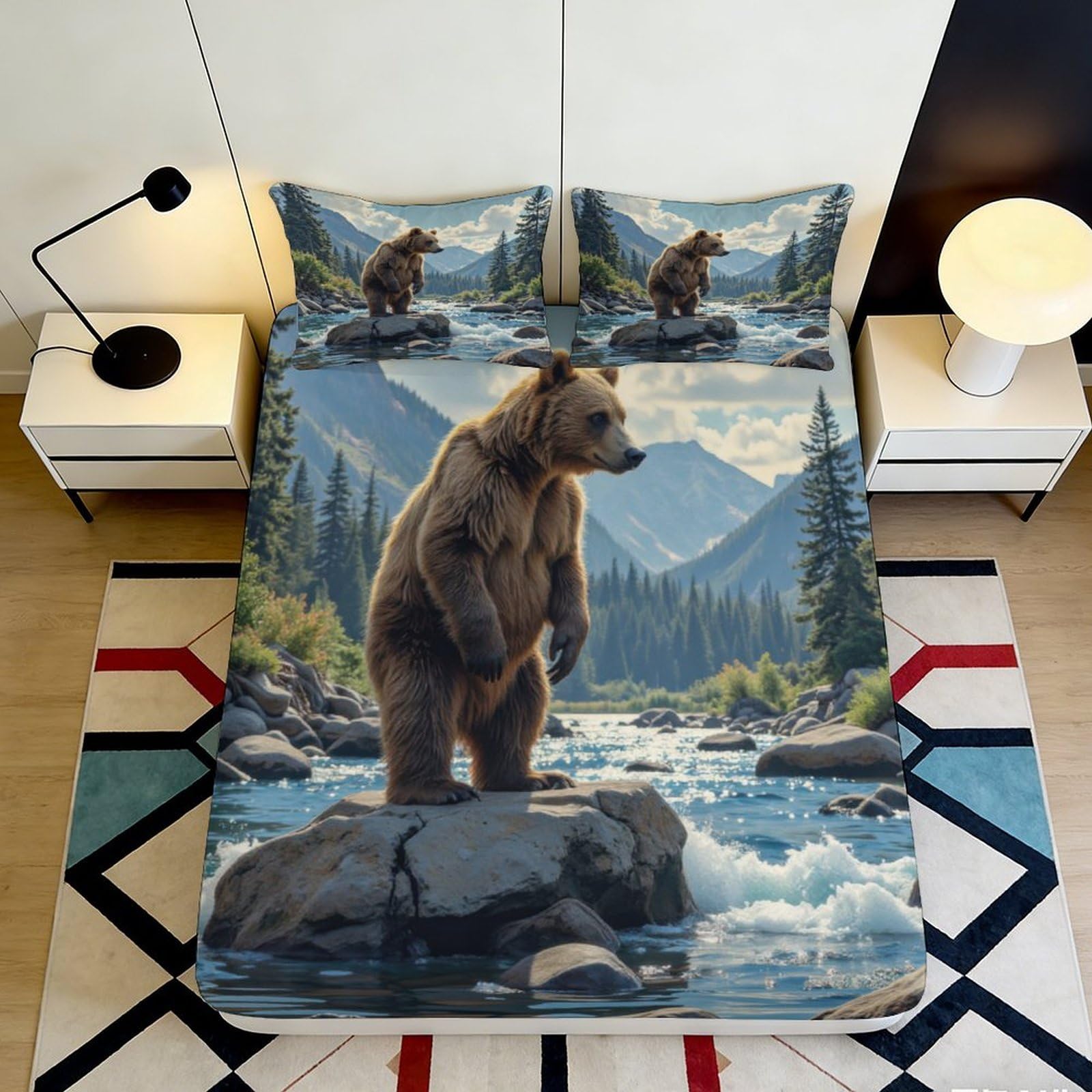 Pnayamiorkfel Style-9 3D Printed Brown Bear Mountain Fitted Sheet Microfiber Soft Bed Cover Forest River For Bedroom Guest Room Decor 90X200x25cm