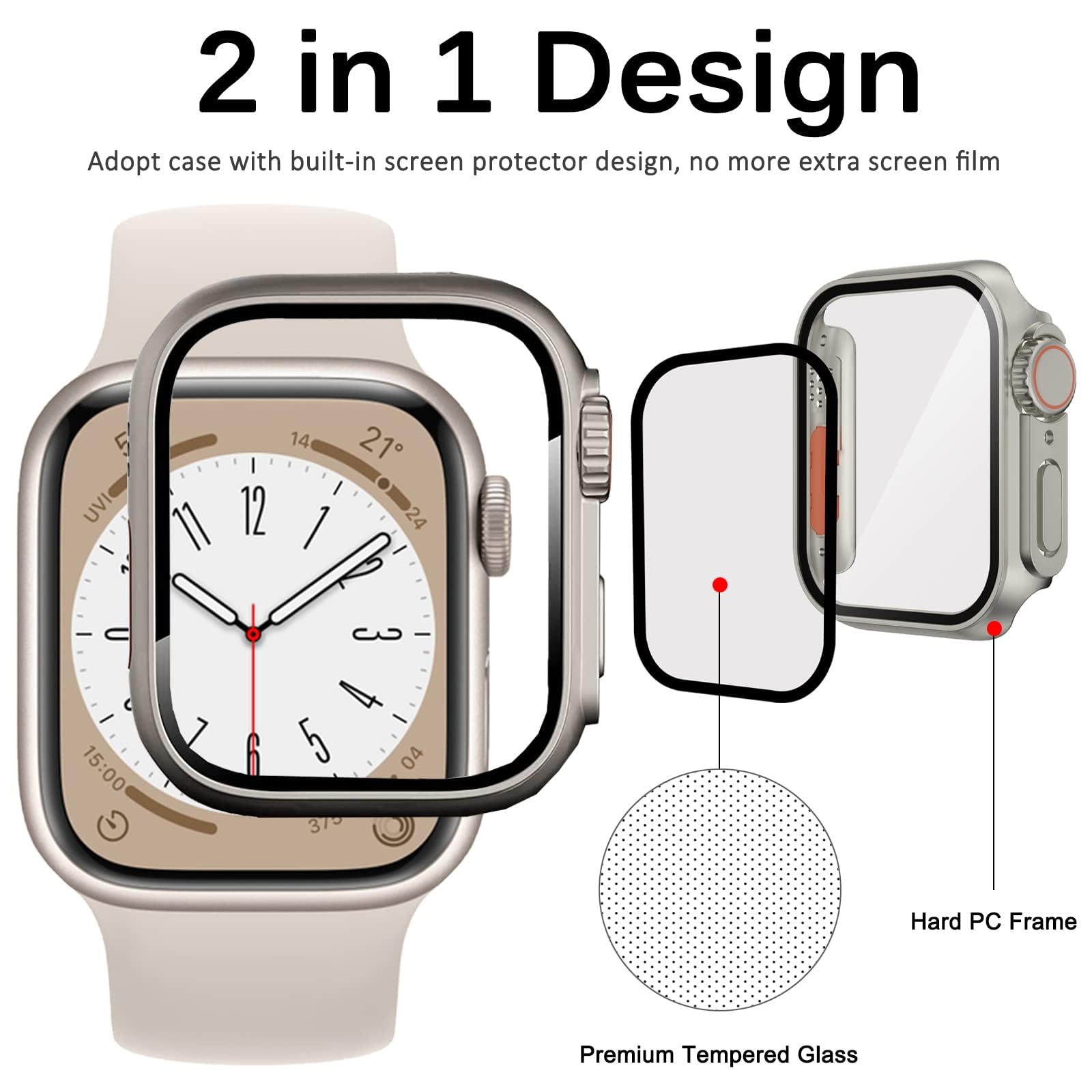 CZKE Funda PC Rígida para Apple Watch de 45mm, 41mm, 44mm, 40mm, 42mm, 38mm, Aspecto de Vidrio, Mejora Ultra iWatch Series 8, 7, SE, SE2, 6, 5, 4, 3 (Color: Negro, Tamaño: 44mm)